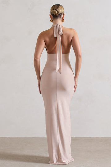 Rachel Champagne Ruched Halter-Neck Split Maxi Dress